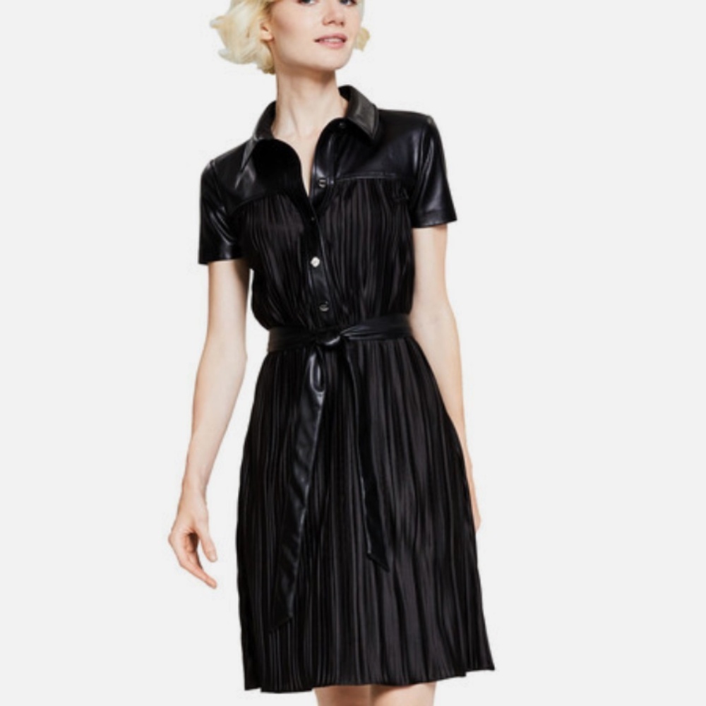 DKNY Black Faux Leather Belted Dress Work Office Size 6 New